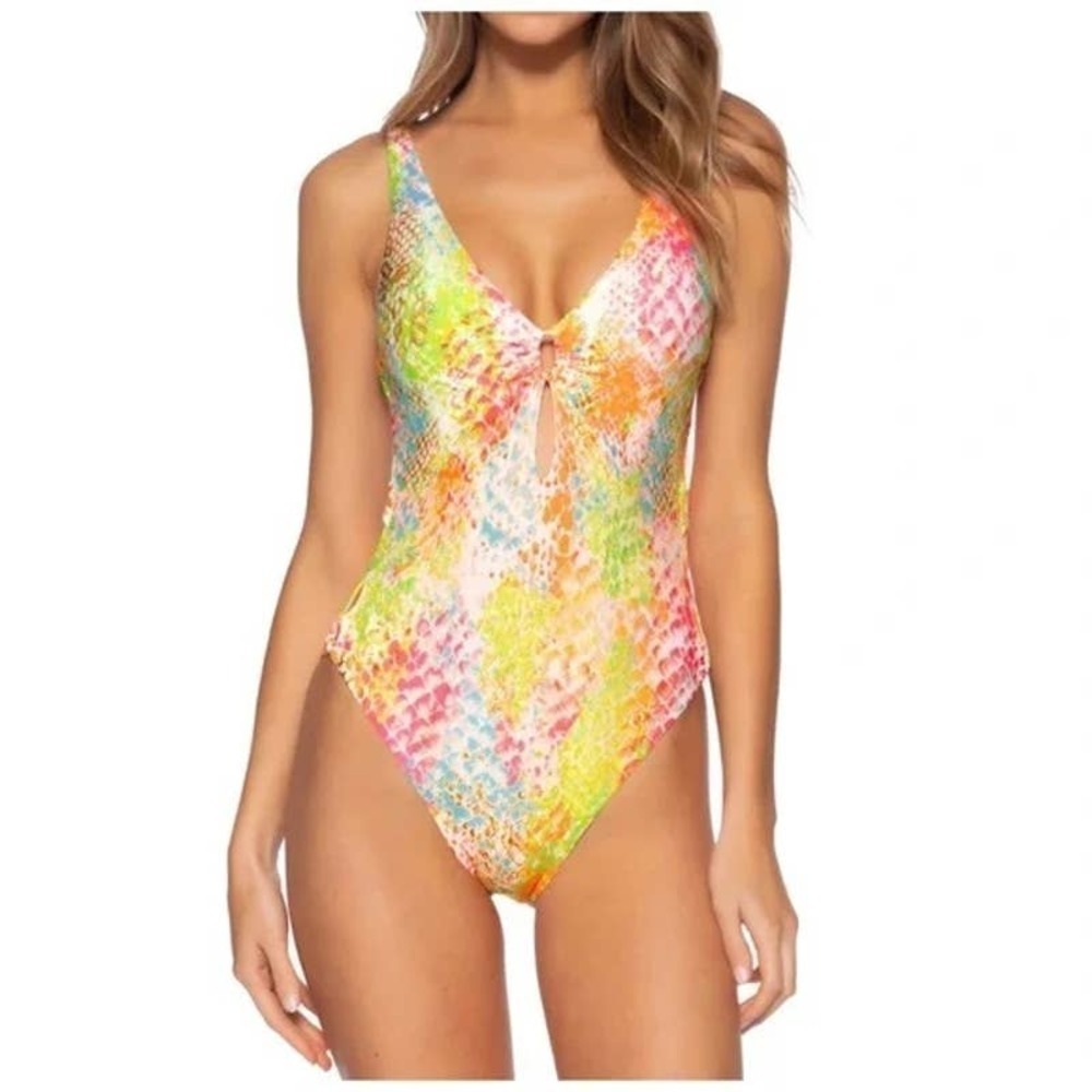 Becca Jada Neon Mamba Snakeskin Print Cutout One-Piece Swimsuit Size Small